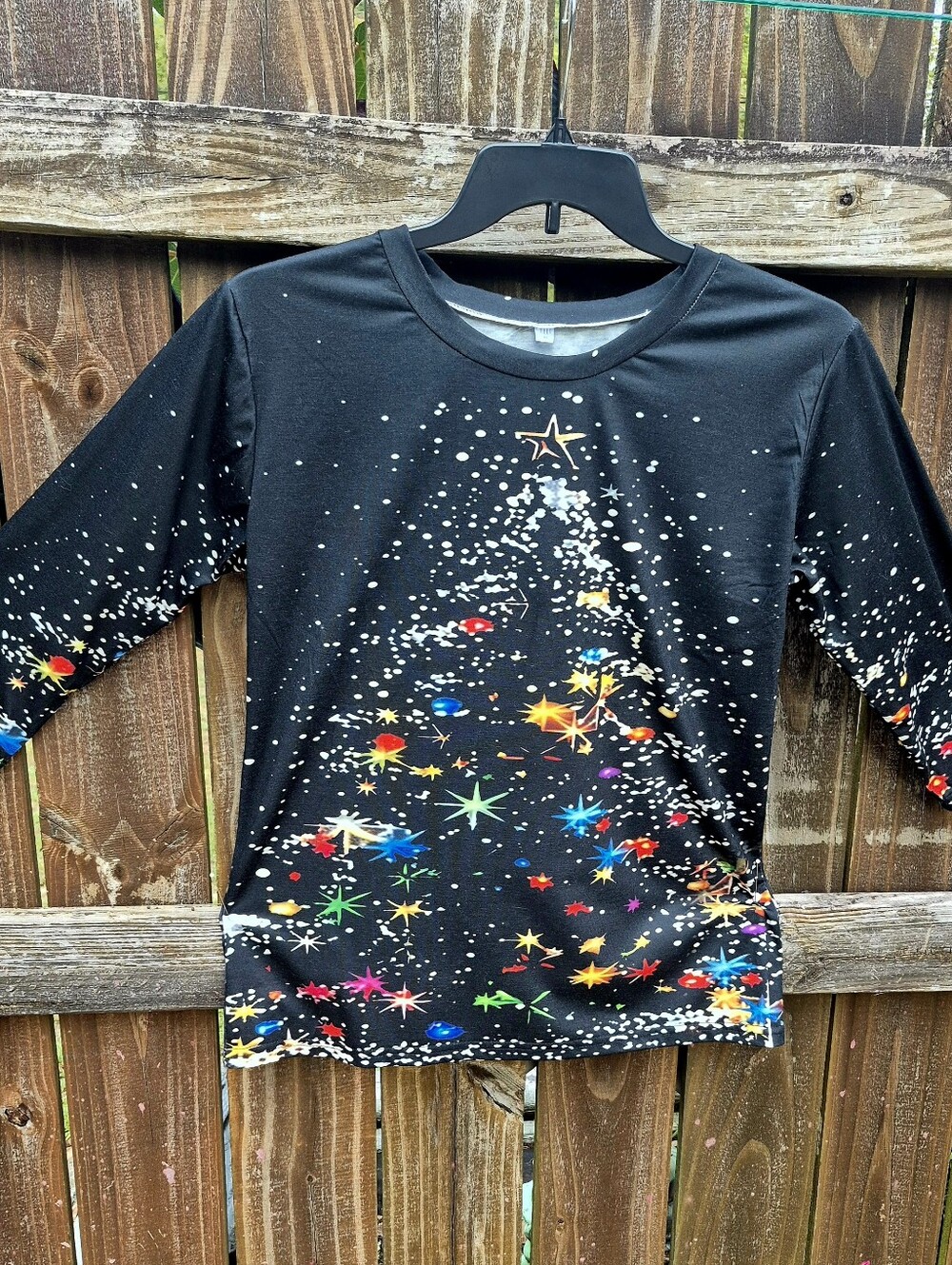 Christmas Tree Multicolor Lights Black T-Shirt Tunic Medium Women 3/4 Sleeves